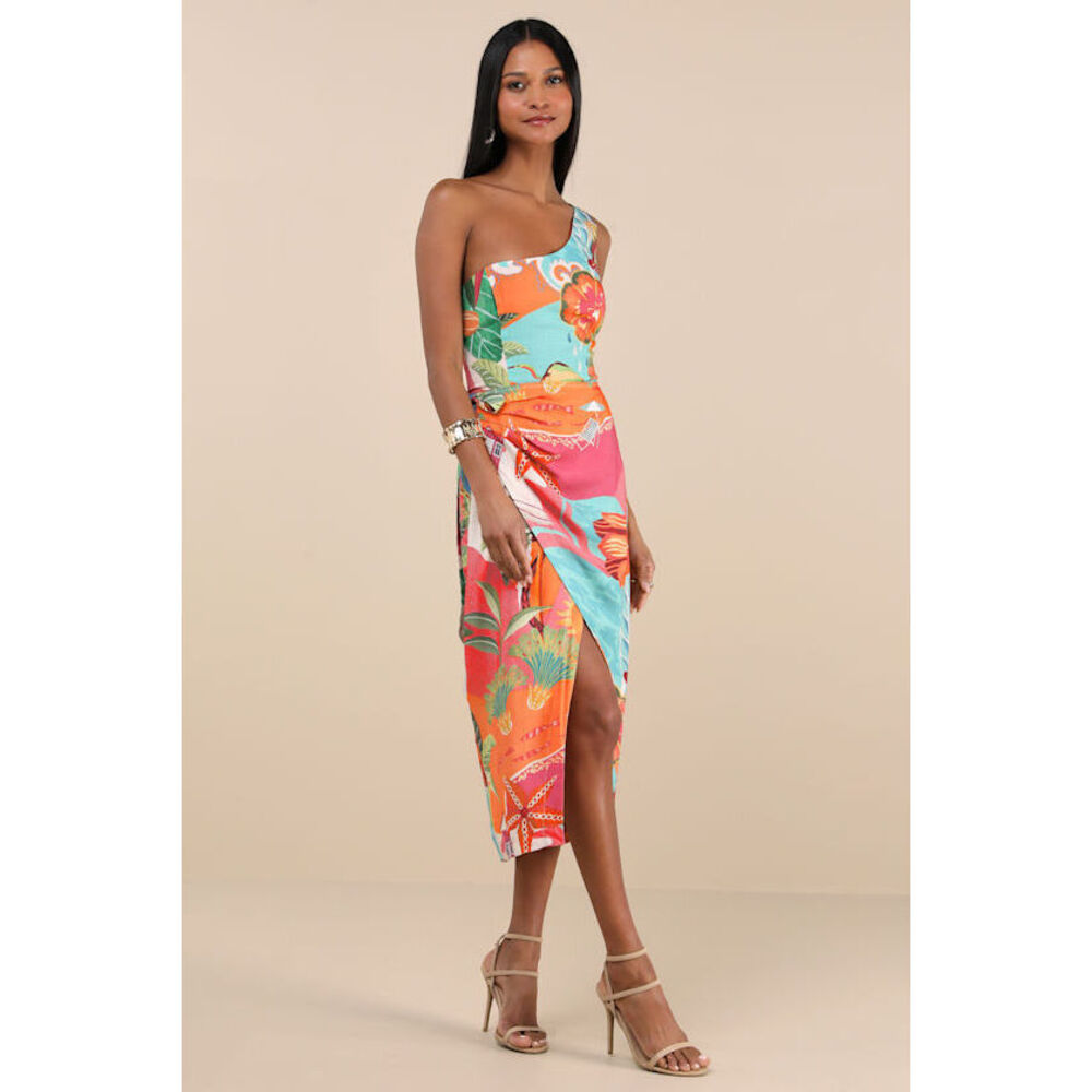 Lulus Hilinai Blue Multi Tropical Print Wrap Midi Dress - Size M